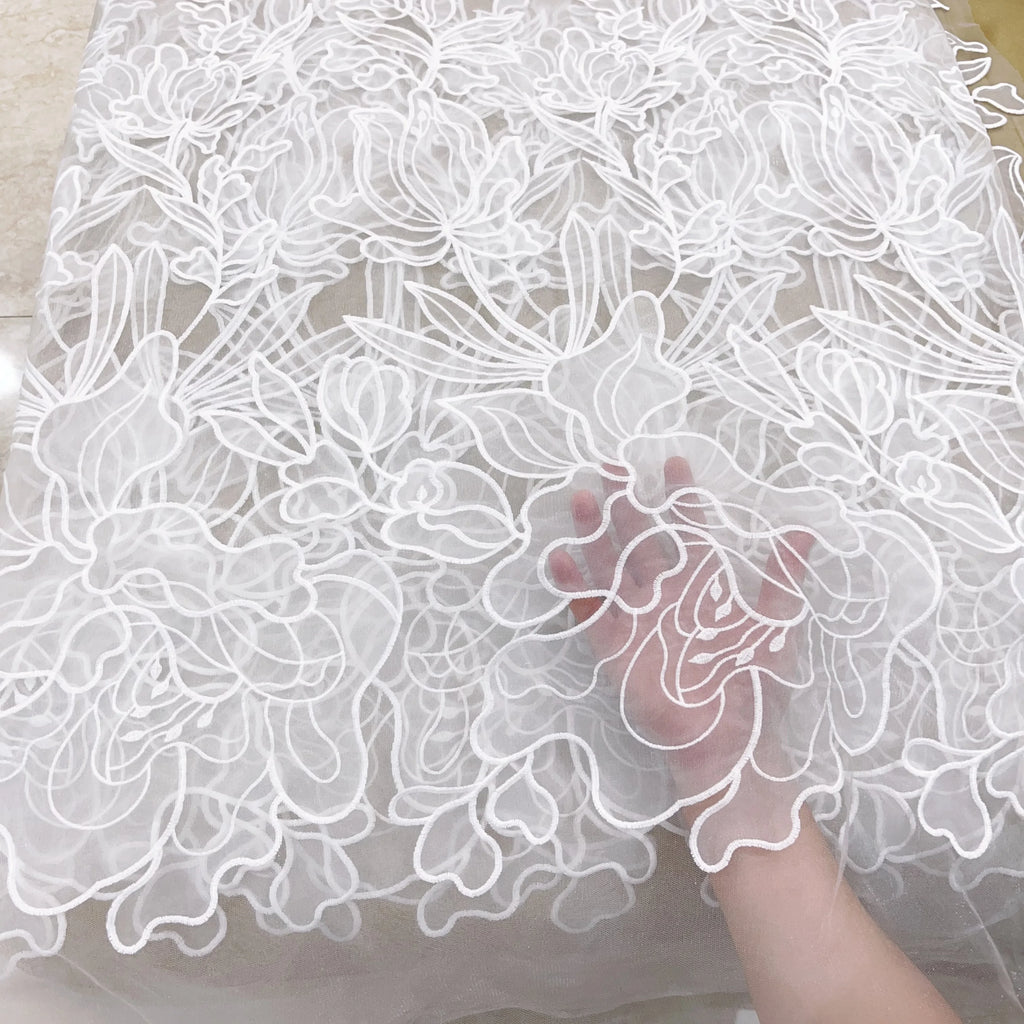 High-Quality Lace and Mesh Fabric with Organza Laser Cut Flower for Wedding Dress and Evening Gown Elegant Bridal Lace Fabric