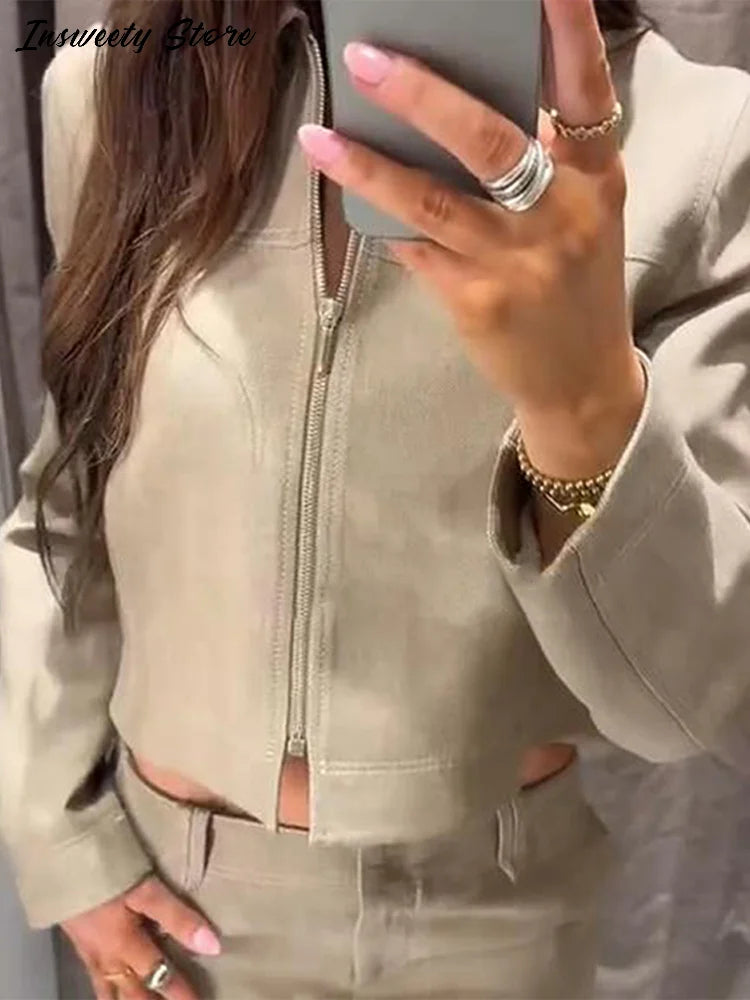 Casual Coats Pants Sets Women'S Turn-down Collar Long Sleeve Zippers Tops High Waist  Trousers 2026 Spring New Lady Chic Suit