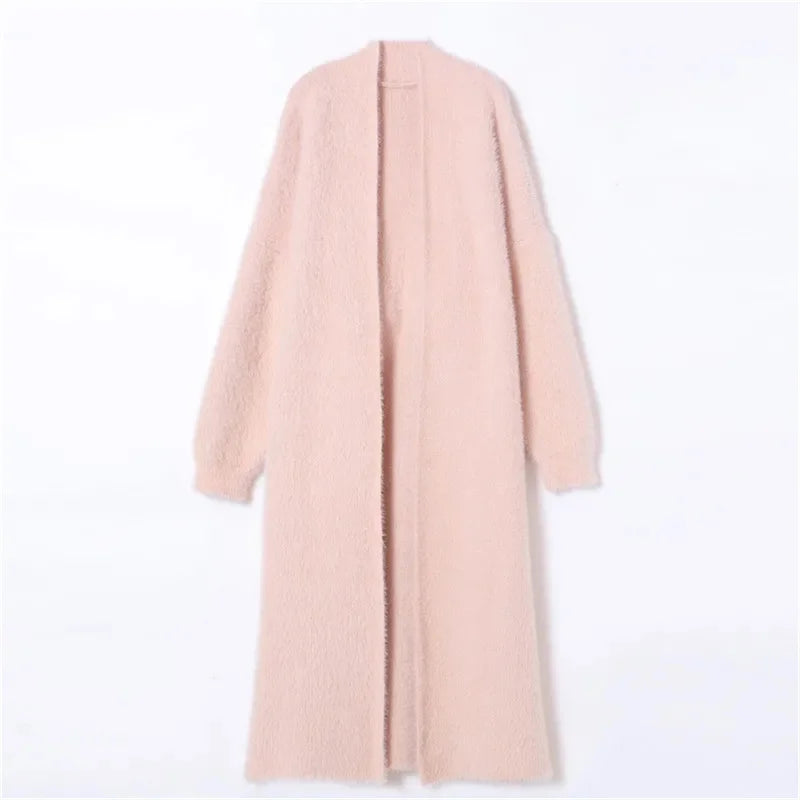 023 Autumn/Winter Lazy Style Loose Knee Length Thickened Pure Imitation Mink Fleece Knitted Sweater Cardigan Coat Women's Coat