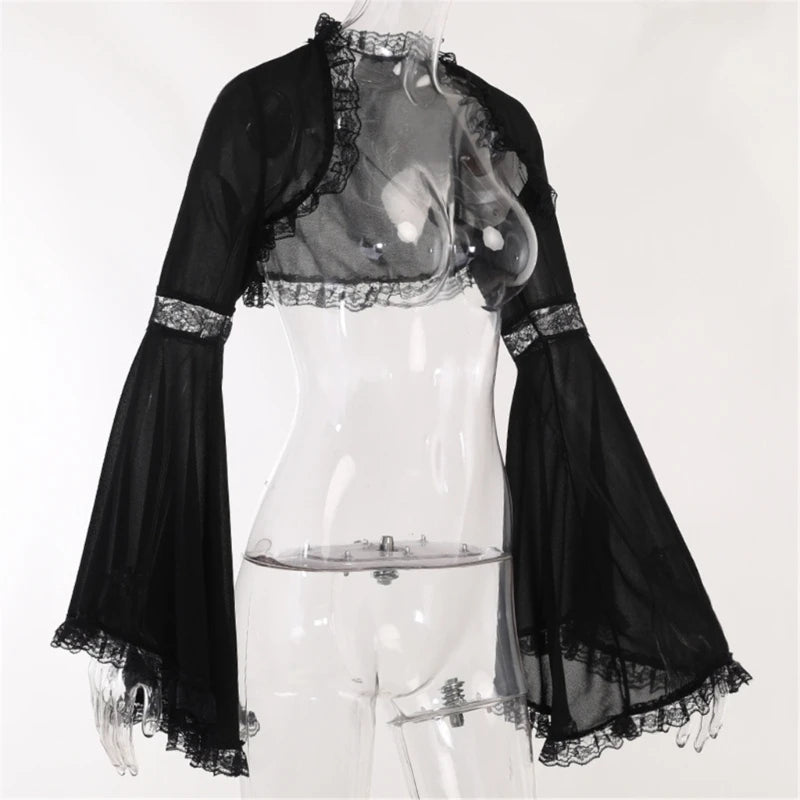 Gothic Lace Long Sleeve Victorian Half Shirt Crop Top Vintage T Shirt for Women