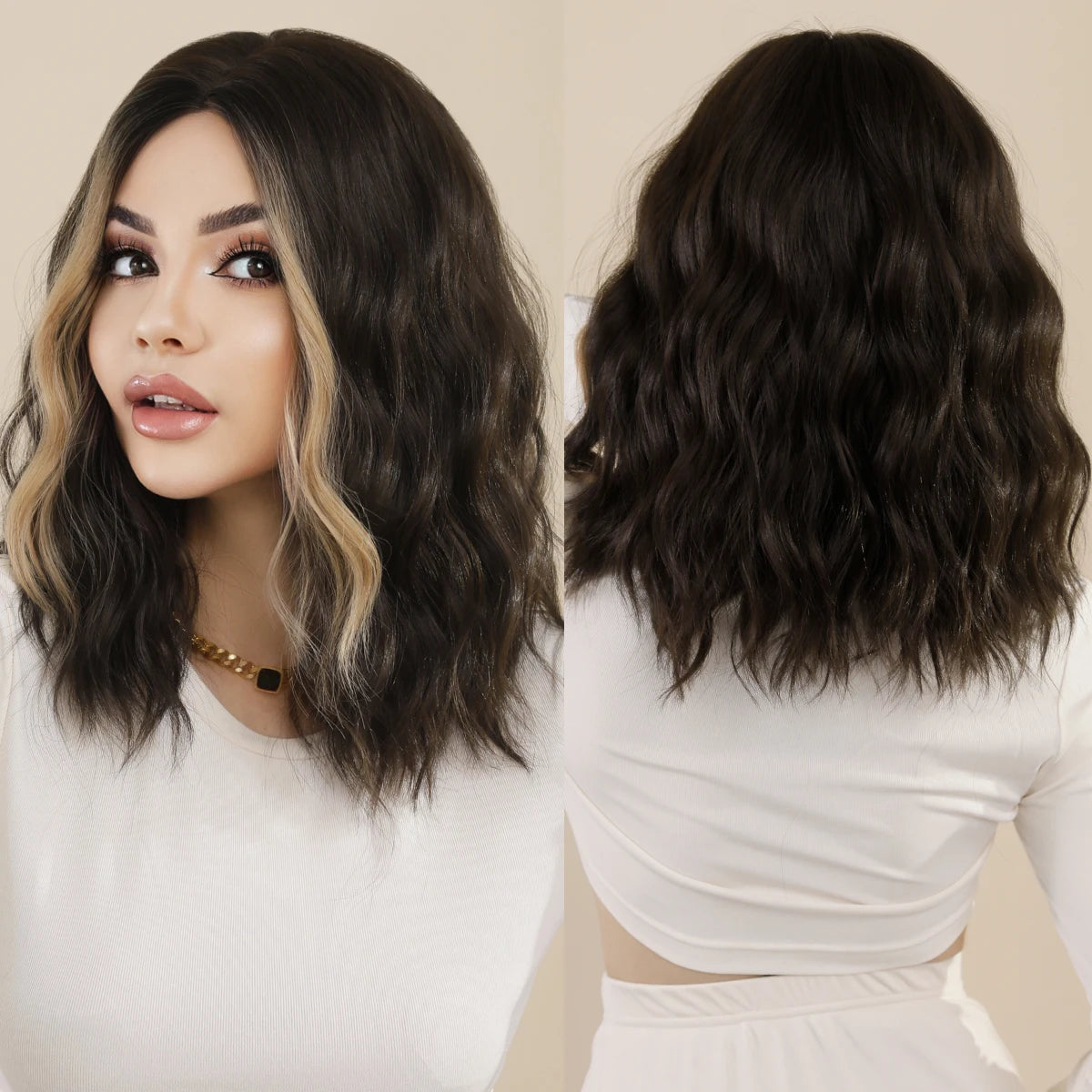 7JHH WIGS Short Bob Wig Ombre Blonde Wig for Women Daily Party Natural Synthetic Hair Wig with Bangs Heat Resistant Fiber