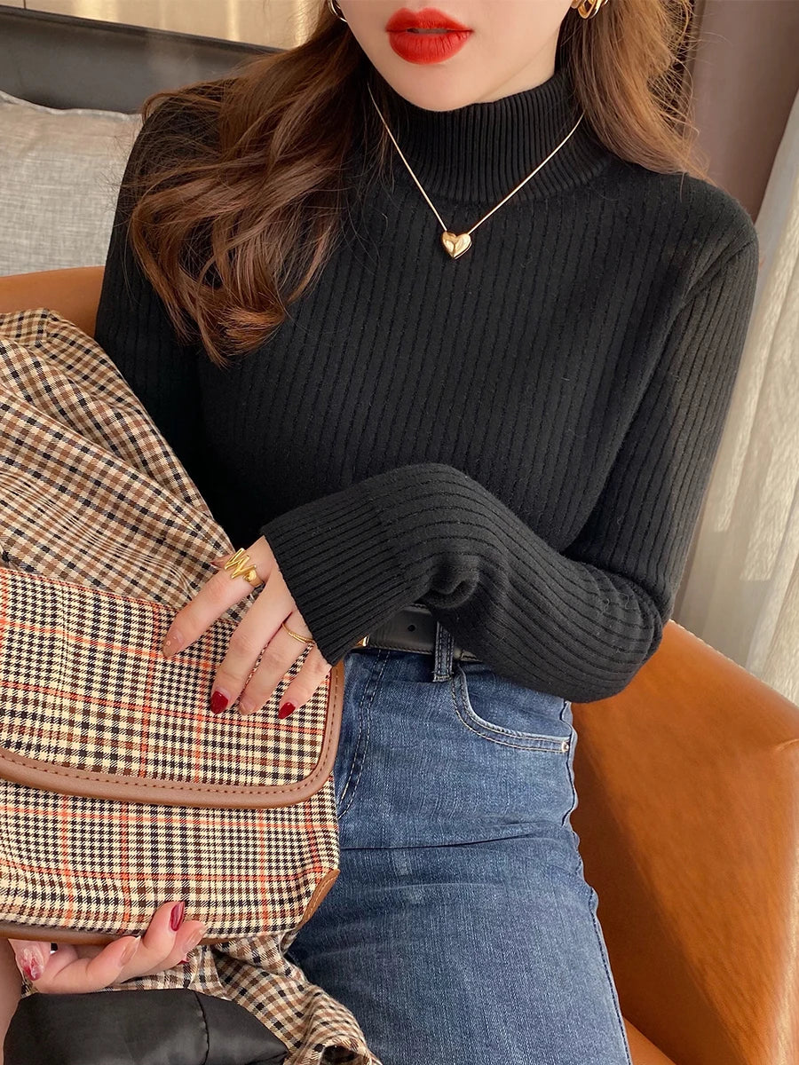 New Winter Turtleneck Sweater Knitwear Women Elegant Thicken Velvet Lined Warm Sweaters Knitted Pullover Slim Tops Jersey Jumper