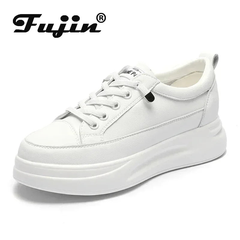 Fujin 4.5cm Genuine Leather Women Shoes Platform Flats Breathable Women Mesh Shoes White Sneakers Spring Autumn Summer Shoes