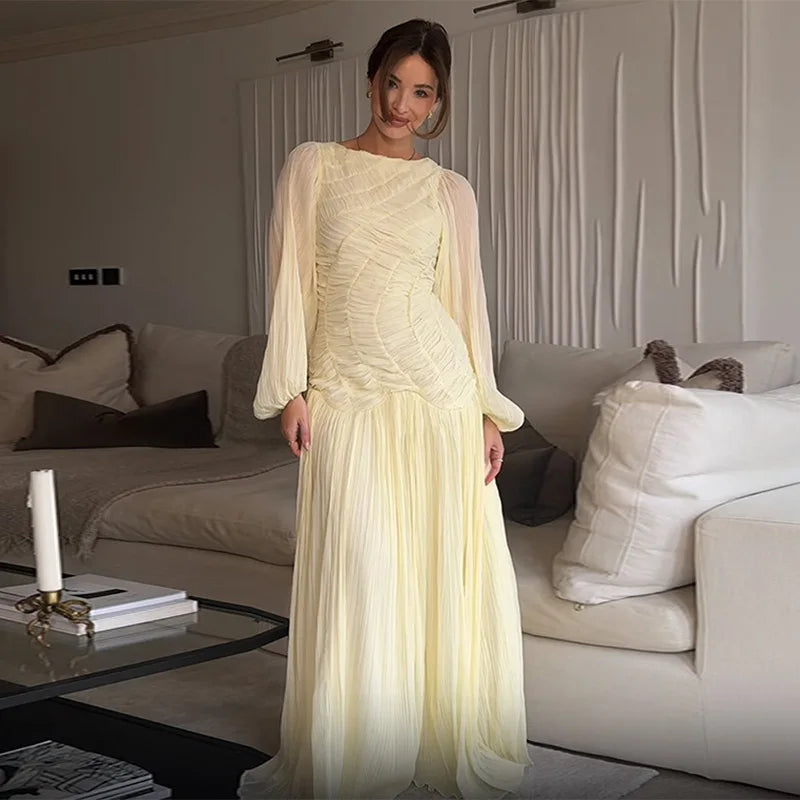 Elegant Pleated Long Lantern Sleeve Long Dress Women O-neck Folds Loose Holiday Beach Dresses 2025 Summer Commute Chic Vestidos