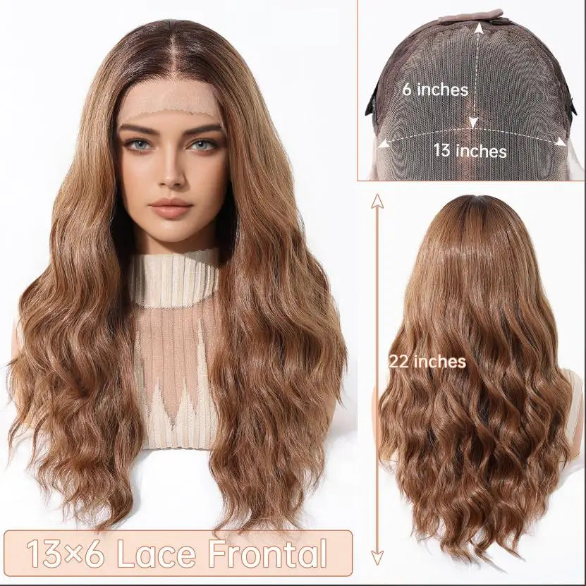 HENRY MARGU Brown Blonde Highlight Synthetic Wigs 13*6 Lace Front Long Wavy Fake Hair for Women Realistic Natural Wig Daily Use