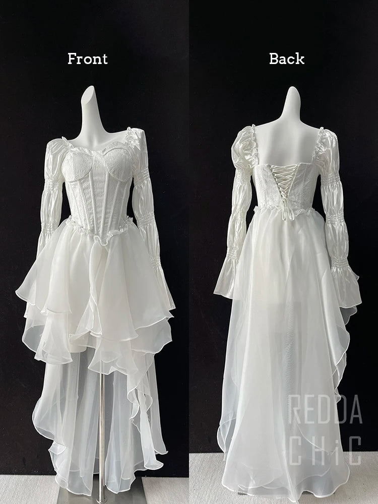 REDDACHiC Princess Trailing Party Gown Women White Floral Embroidery Puff Sleeves Lace Up Backless Hi-Lo Mini Dress Wedding Gown