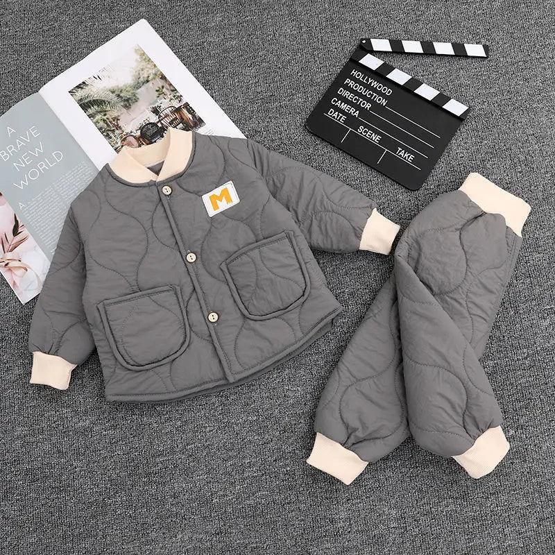 Children's Winter Padded Clothes Suit Boys Girls hooded Thickened Cotton Quilted Trousers0-5T Baby Home Service 2-Piece Set
