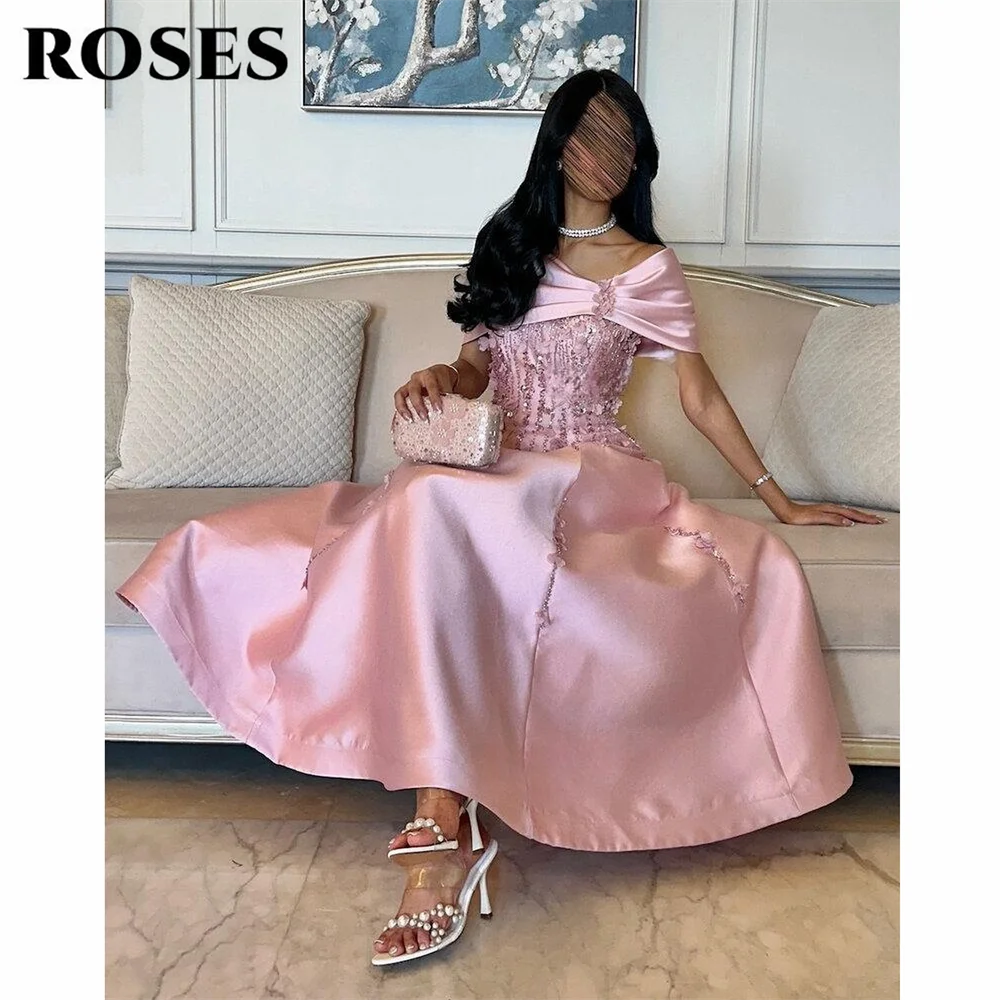 ROSES Pink Satin Evening Gown Romantic Off-Shoulder Prom Dress with Floral Embellishments and Beads for Woman 프롬 드레스 Customized