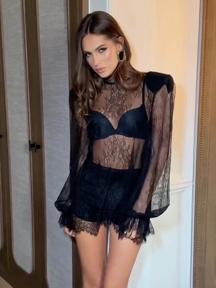 Chic Black Lace See Through Top Lady Fashion Half-high Collar Full Sleeve Cropped Blouse 2026 Spring Women Party Street Outwear