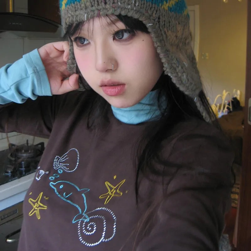 Karrram Japanese Y2k Turtleneck T-shirt Grunge Aesthetics Patchwork Tops Vintage Diamond Print Long Sleeve Tshirt Harajuku 2000s