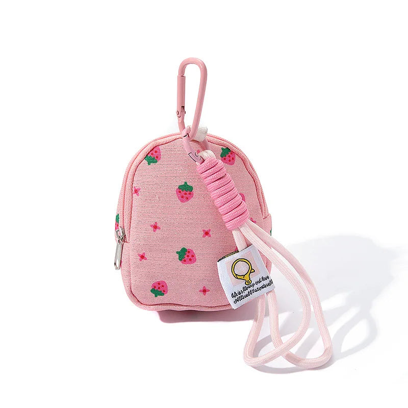 Pink Strawberry Printed Mini Coin Purse Backpack Pendant Anti Loss Key Chain Wallet Portable Multifunctional Earphone Bag