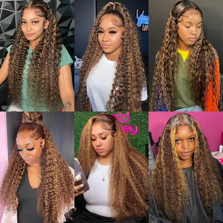 300% High Density Deep Wave Highlight 13x4 13x6 HD Lace Frontal Water Wave Wig Brazilian P4/27 Color Curly Human Hair Wigs
