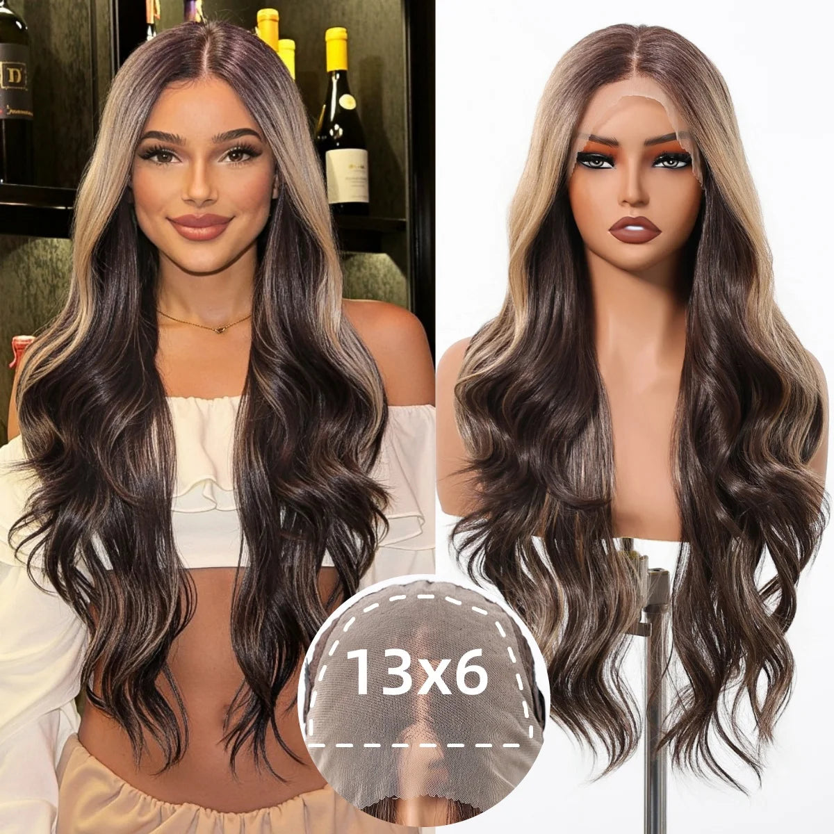 HENRY MARGU Brown Blonde Highlight Synthetic Wigs 13*6 Lace Front Long Wavy Fake Hair for Women Realistic Natural Wig Daily Use