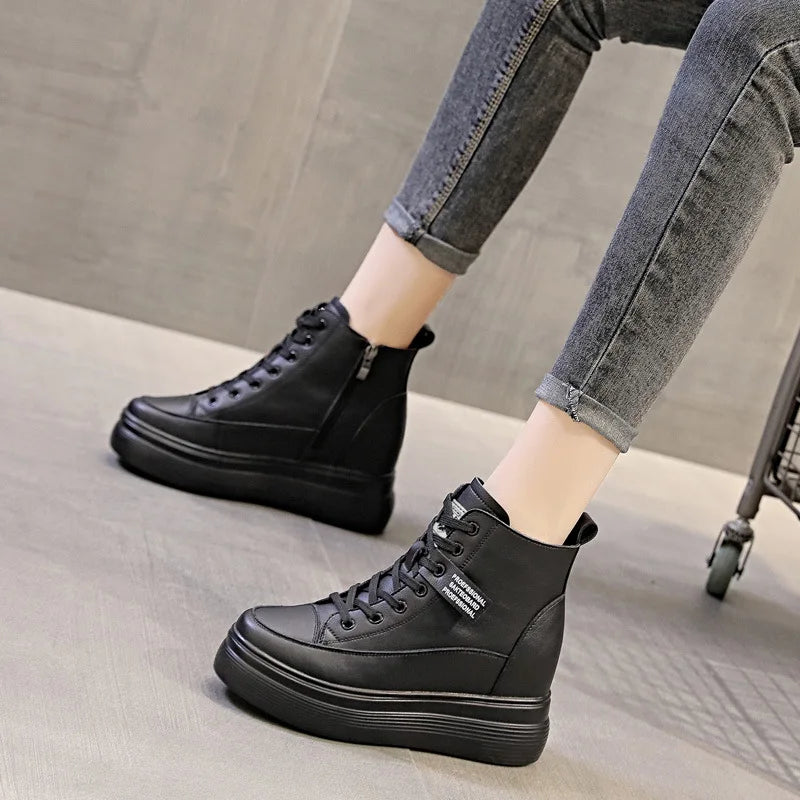 Fujin 8cm Platform Wedge Sneakers Women Shoes Genuine Leather Lace Up Spring Autumn Winter Shoes Winter Shoes Soft Leather Punk