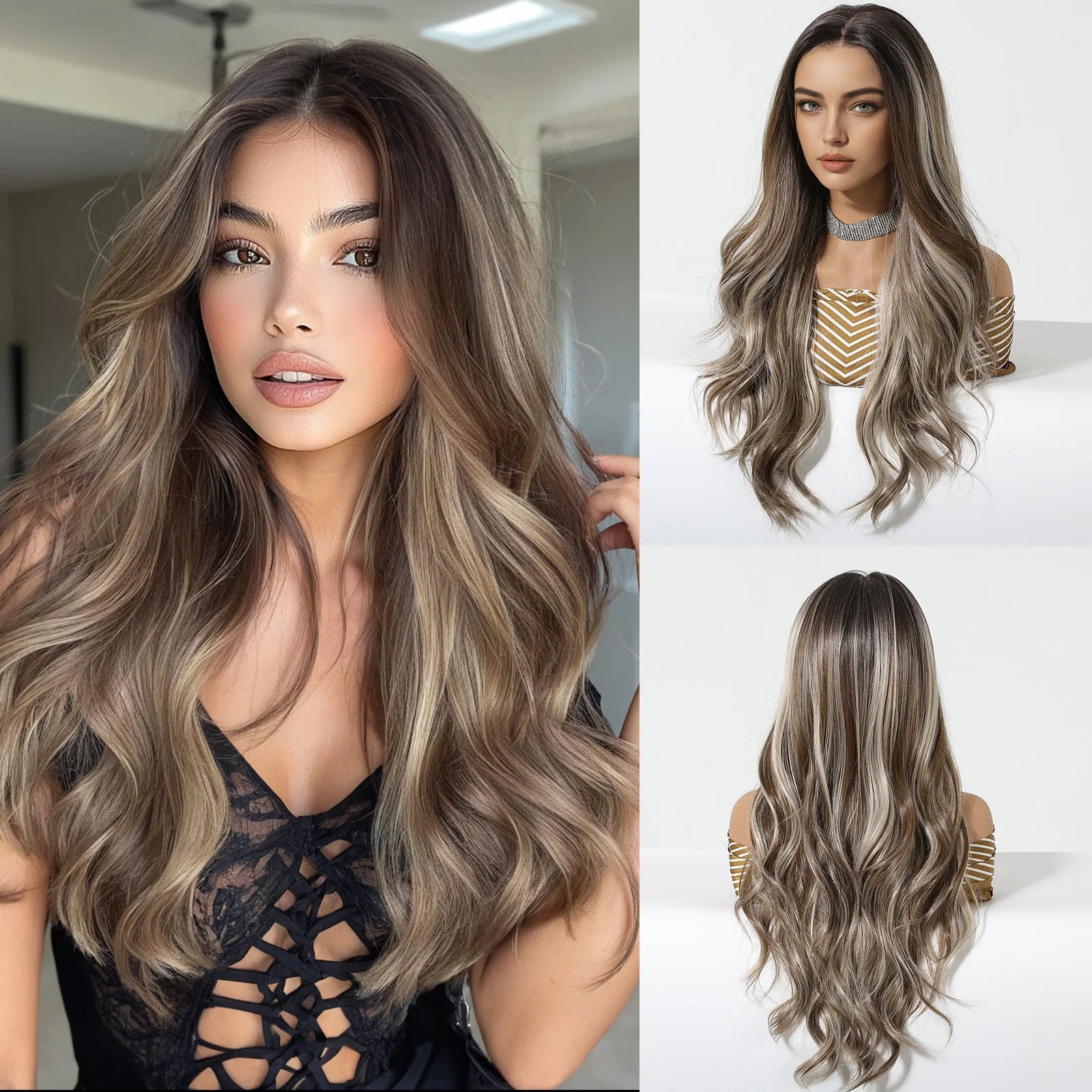 HENRY MARGU Brown Blonde Highlight Synthetic Wigs 13*6 Lace Front Long Wavy Fake Hair for Women Realistic Natural Wig Daily Use
