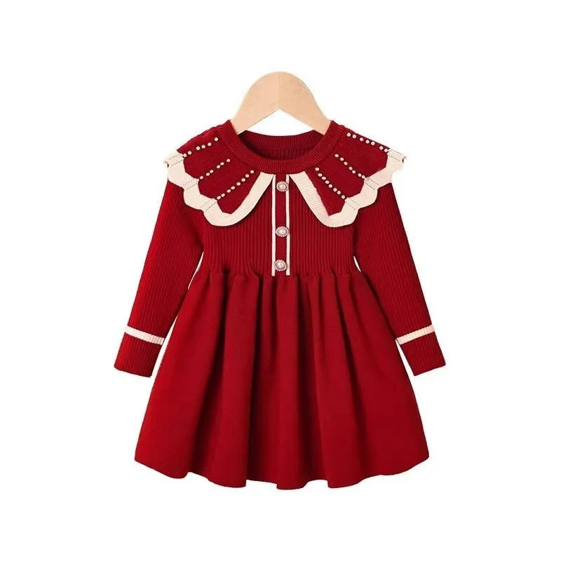 Girls Knit Faux Fur Princess Dress, Winter Holiday Party Gown, Christmas New Year Festive Red Toddler Dress, Elegant Velvet Trim