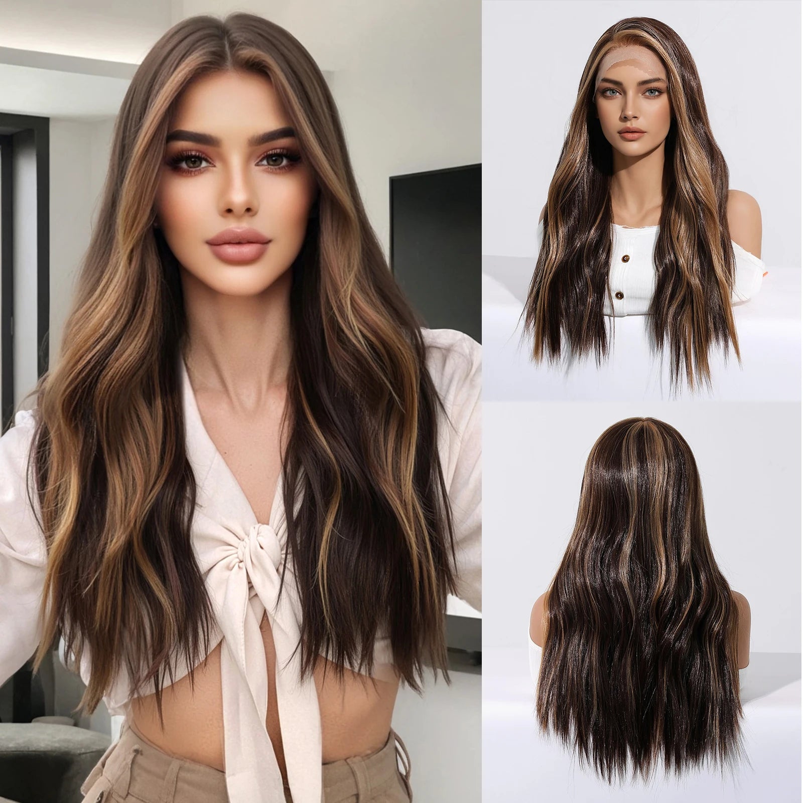 HENRY MARGU Brown Blonde Highlight Synthetic Wigs 13*6 Lace Front Long Wavy Fake Hair for Women Realistic Natural Wig Daily Use