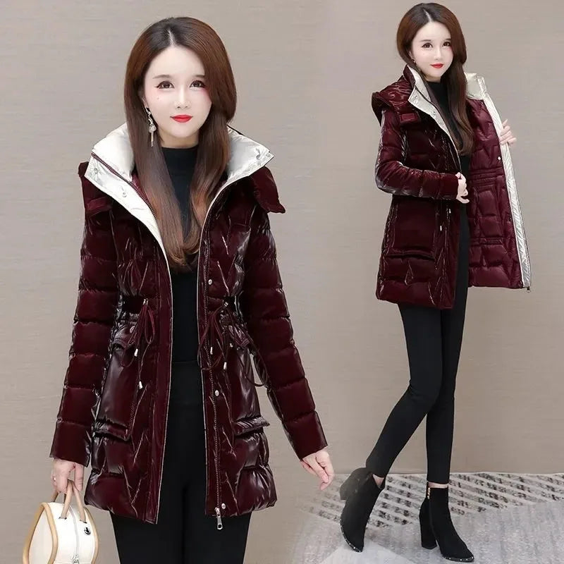New Women's Down Cotton Coat Winter Warm Jacket Long Thick Bright Face Wash Padded Jackets Female Hooded Parker Overcoat Red 5XL