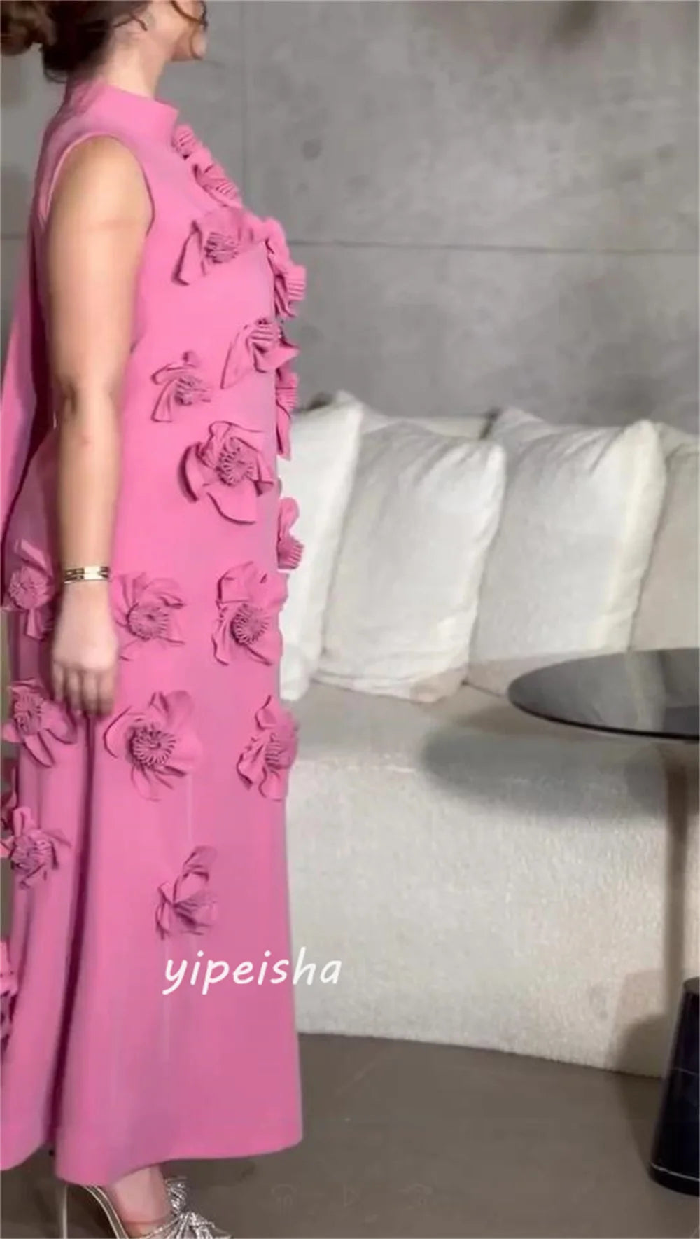 Customized   Jersey Flower Draped Wedding Party A-line High Collar Bespoke Occasion Gown Long Sleeve Dresses