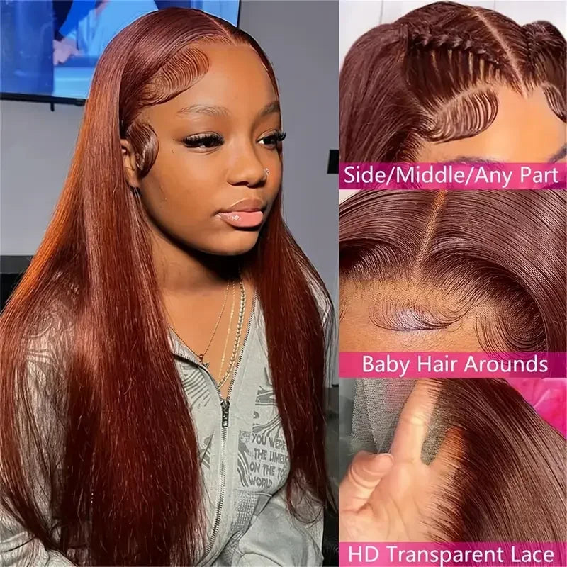 36 inch Reddish Brown Straight Wigs 13x6 HD Lace Human Hair Wig Pre Plucked Brazilian Colored Lace Frontal Wigs Human Wig 180%