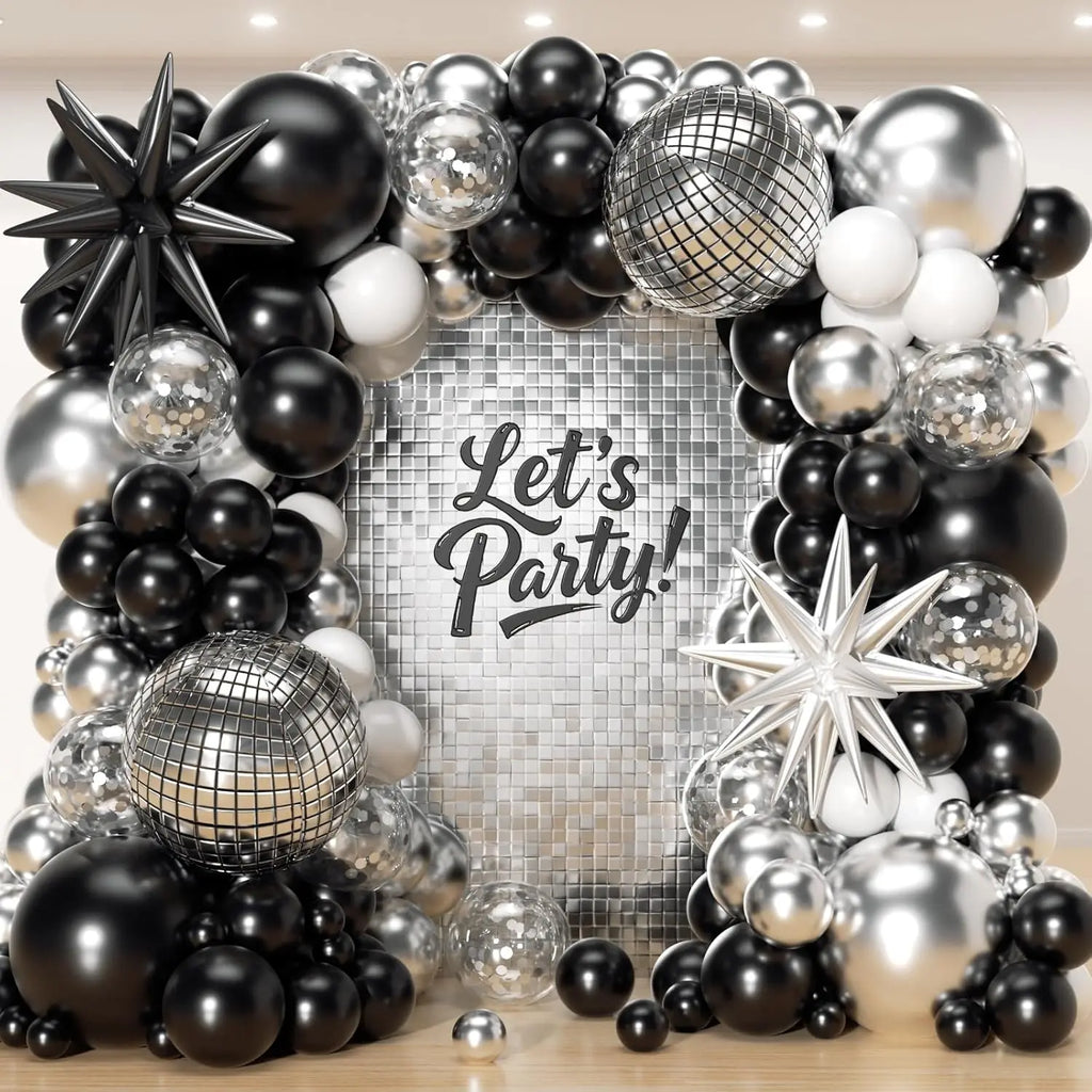 96Pcs Black and Silver White Balloon Garland Arch Kit with Stars and Disco Foil Balloons for Birthday Graduation Party Decor
