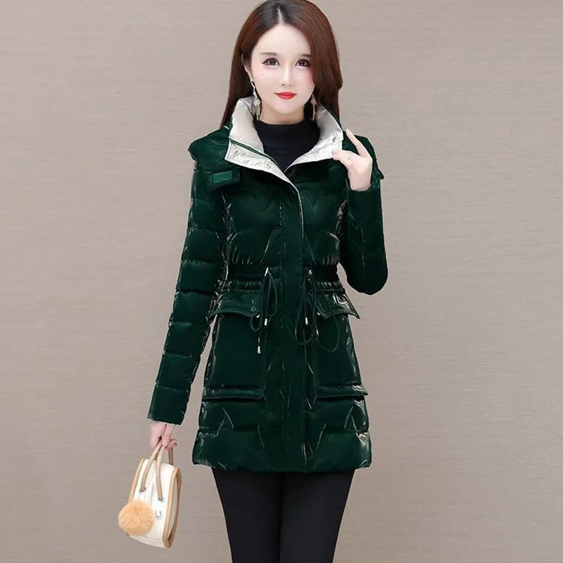 New Women's Down Cotton Coat Winter Warm Jacket Long Thick Bright Face Wash Padded Jackets Female Hooded Parker Overcoat Red 5XL