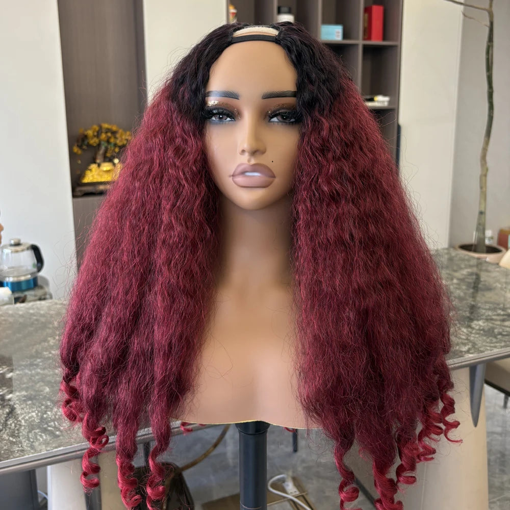 Afro Curly Yaki Wigs for Black WomenHeadband Kinky Straight Full Machine Synthetic Wigs Yaki Straight Glueless Clip in Vpart Wig