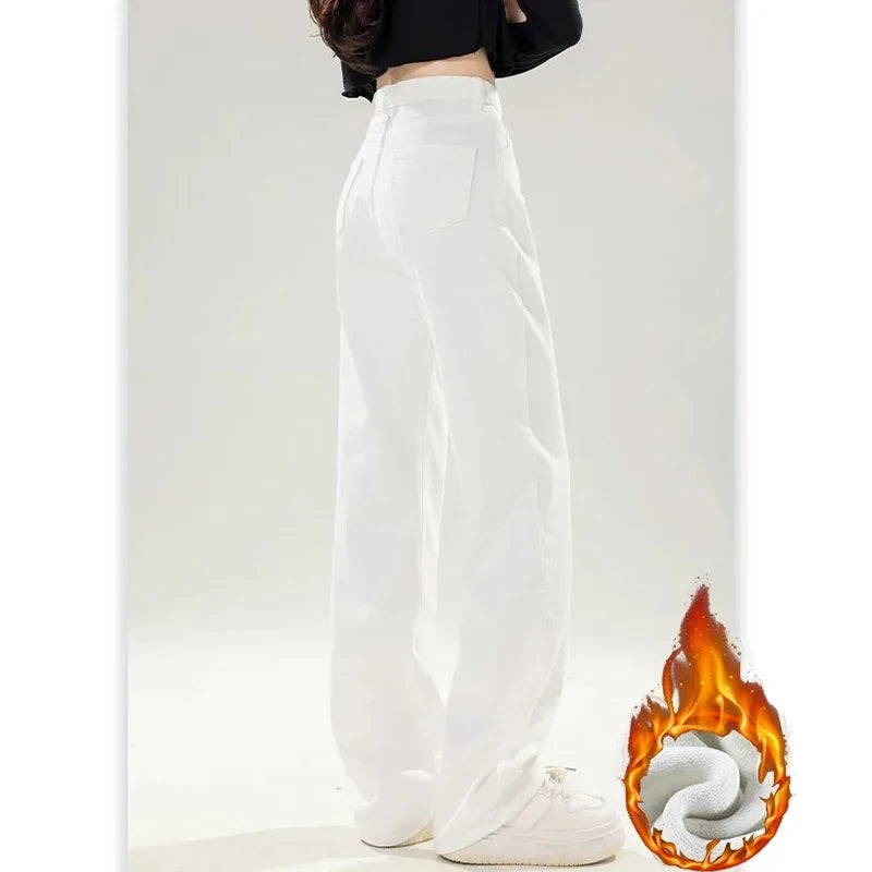 Winter Korean Fleece Thermal Straight Women's Jeans Girls Snow Warm Casual High Waist Denim Pants Lady Daily Loose Leg Trousers