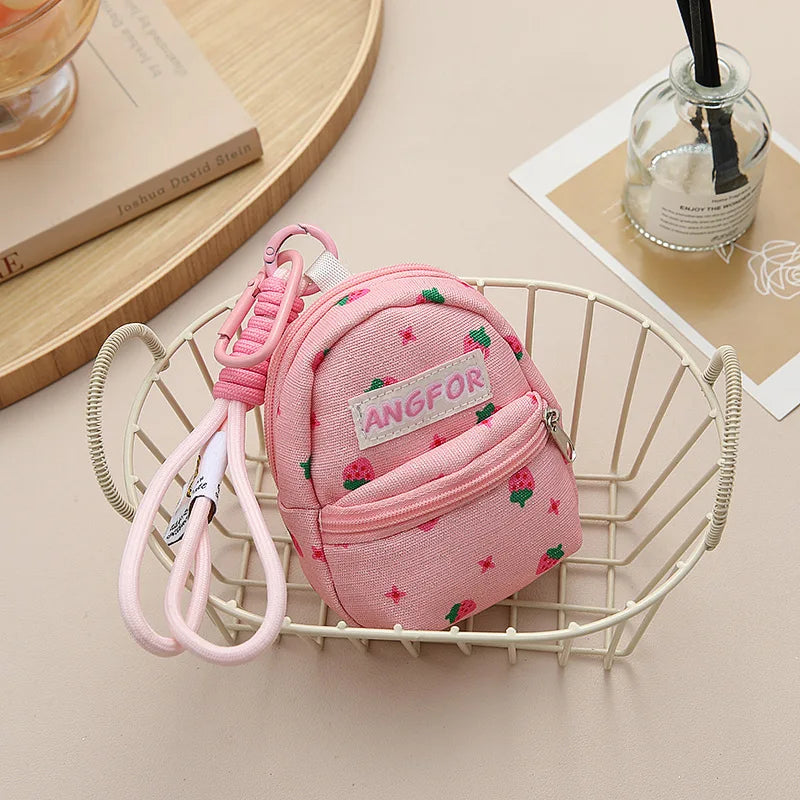 Pink Strawberry Printed Mini Coin Purse Backpack Pendant Anti Loss Key Chain Wallet Portable Multifunctional Earphone Bag