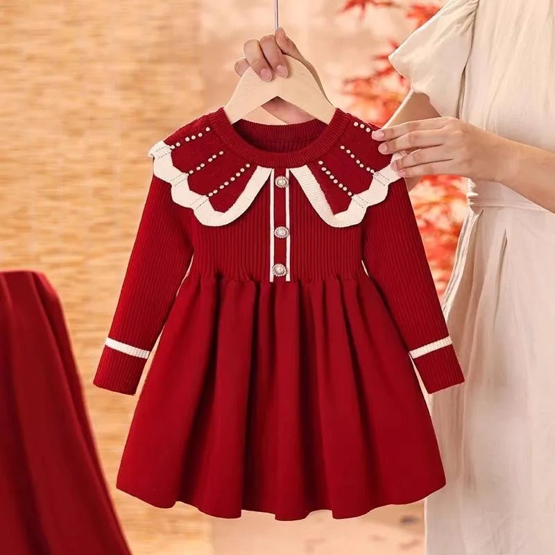 Girls Knit Faux Fur Princess Dress, Winter Holiday Party Gown, Christmas New Year Festive Red Toddler Dress, Elegant Velvet Trim