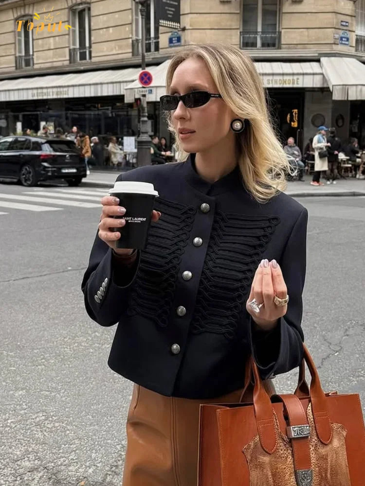 Women Chic Denim Military Jacket Casual Solid Stand Collar Single Breasted Napoleon Jackets 2026 New Lady Daily Street Outerwear