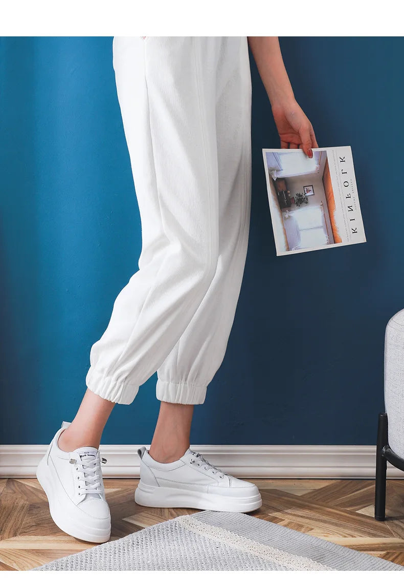 Fujin 4.5cm Genuine Leather Women Shoes Platform Flats Breathable Women Mesh Shoes White Sneakers Spring Autumn Summer Shoes