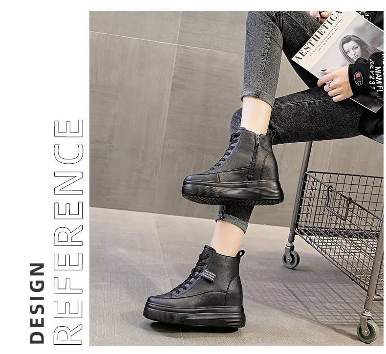 Fujin 8cm Platform Wedge Sneakers Women Shoes Genuine Leather Lace Up Spring Autumn Winter Shoes Winter Shoes Soft Leather Punk