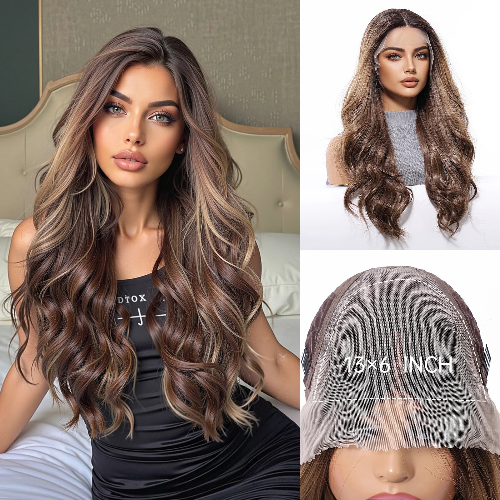 HENRY MARGU Brown Blonde Highlight Synthetic Wigs 13*6 Lace Front Long Wavy Fake Hair for Women Realistic Natural Wig Daily Use