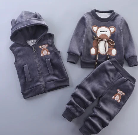Children Clothing Sets Winter Plus Velvet Thick Warm 3Pcs Outfit Cartoon Bear Baby Boys Clothes Sport Tracksuit Set For Girls