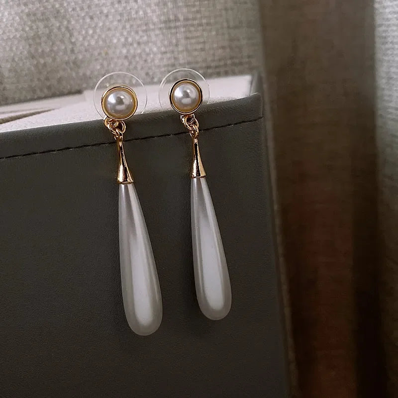 French Elegant Temperament Imitation Pearl Drop Shaped Long Earrings Party Premium Accessories for Womens Fashion Luxury Jewelry