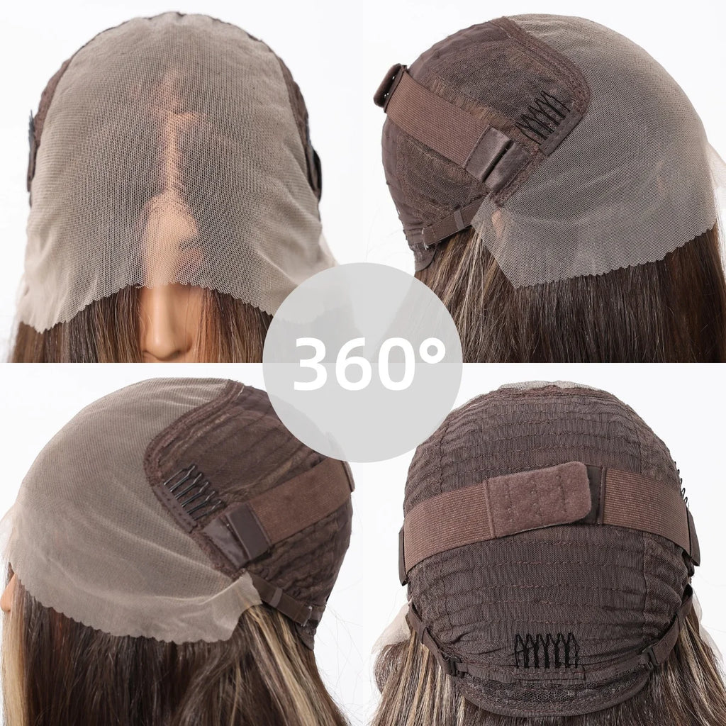 HENRY MARGU Brown Blonde Highlight Synthetic Wigs 13*6 Lace Front Long Wavy Fake Hair for Women Realistic Natural Wig Daily Use