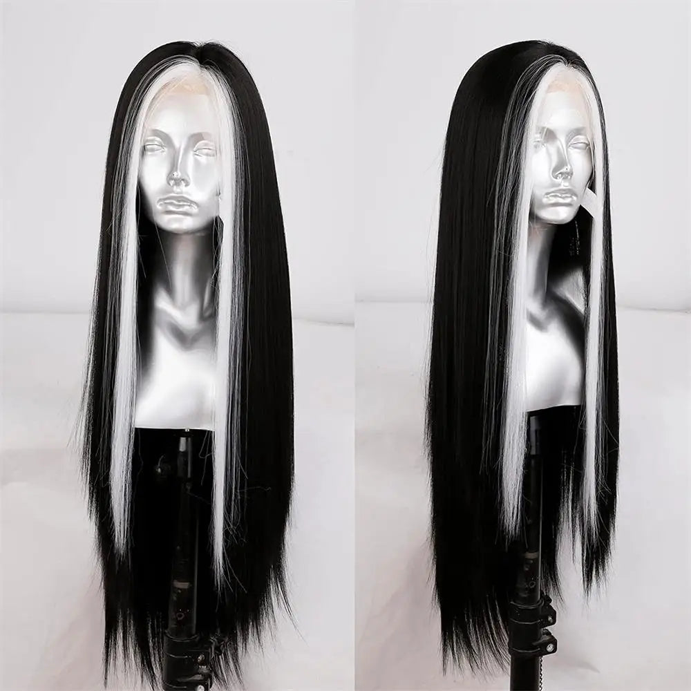 RONGDUOYI Mix Black Wig Synthetic Lace Front Wig For Women Highlights Black/White Hair Long Body Wave Natural Cosplay Daily Wear