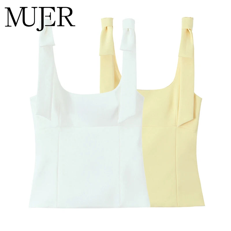 MUJER White Bow Crop Top Woman Sexy Backless Bustier Tops for Women Summer Camisole Sleeveless Tops Women Strap Short Tops Woman