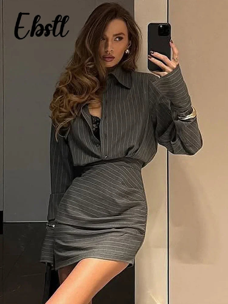Elegant Striped Shirt Skirts Set Women's Slim Single Breasted Blouse Hip Package Short Skirt 2026 Spring New Female Chic Outfits