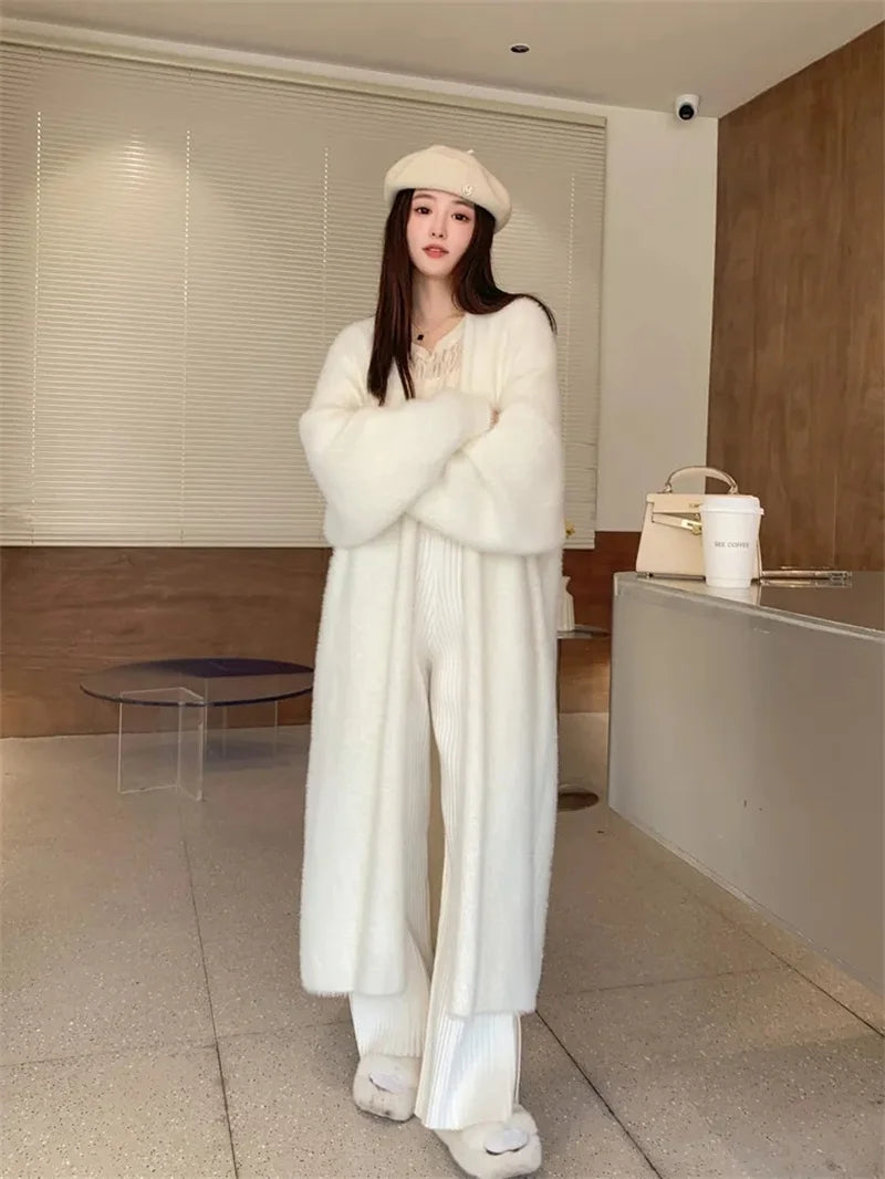 023 Autumn/Winter Lazy Style Loose Knee Length Thickened Pure Imitation Mink Fleece Knitted Sweater Cardigan Coat Women's Coat