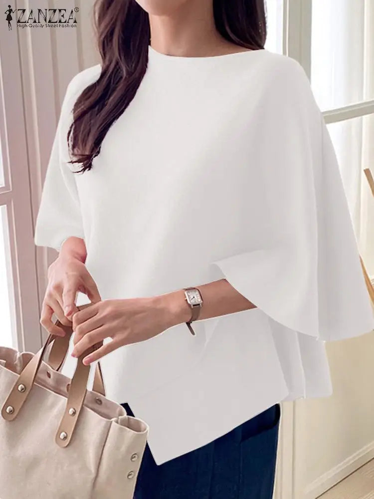 ZANZEA Women Fashion Blouse Chic 3/4 Sleeve Ruffle Hem Top Shirt 2026 Summer Round Neck Loose Blusa Elegant Irregular Work Tunic