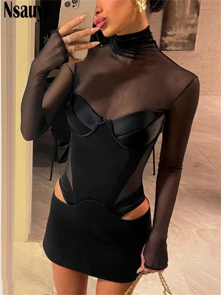 Nsauye Pullover Sexy Women Mesh Turtleneck Long Sleeve Satin Cut Out Dress Bodycon Short Club Evening Fashion Party Dress 2026