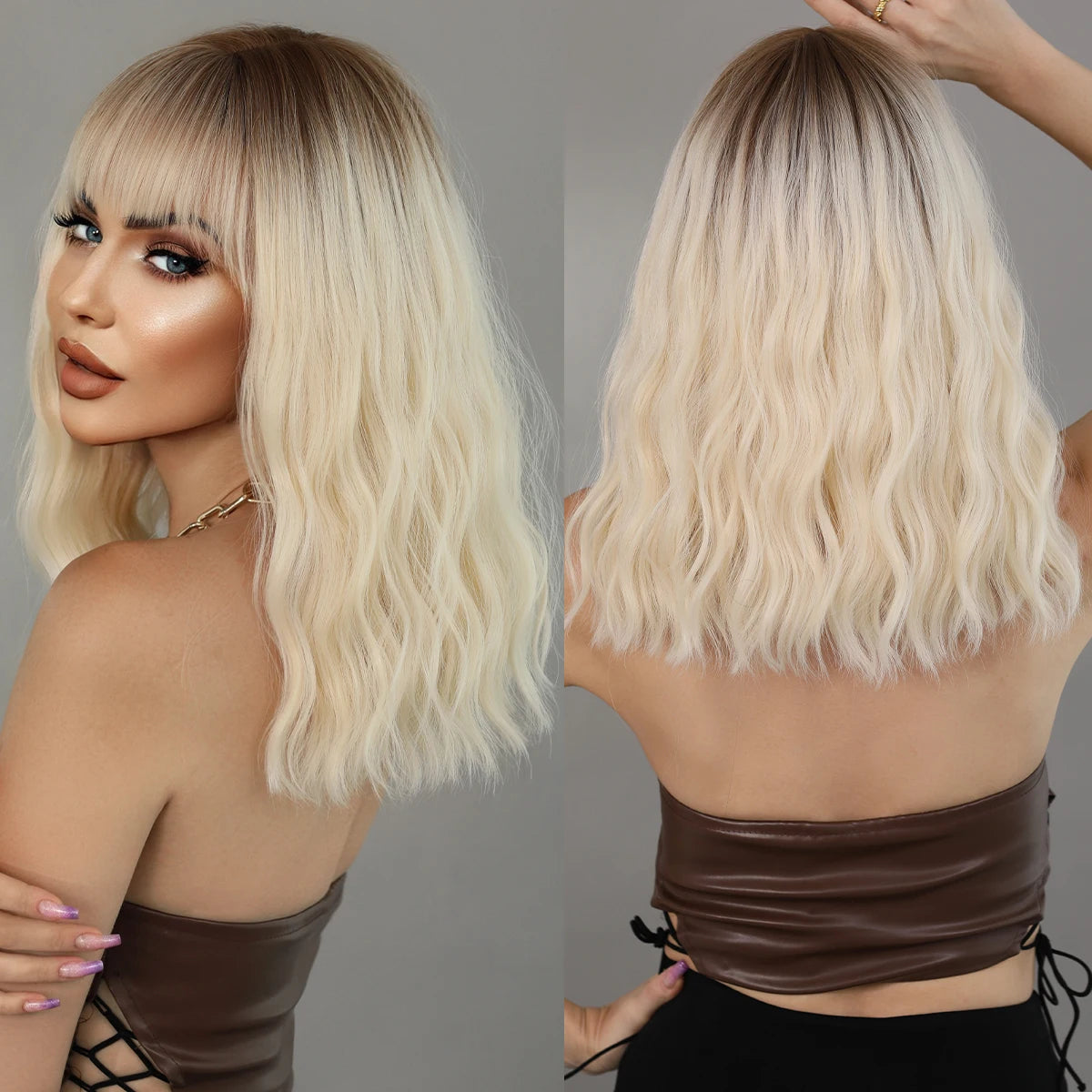 7JHH WIGS Short Bob Wig Ombre Blonde Wig for Women Daily Party Natural Synthetic Hair Wig with Bangs Heat Resistant Fiber