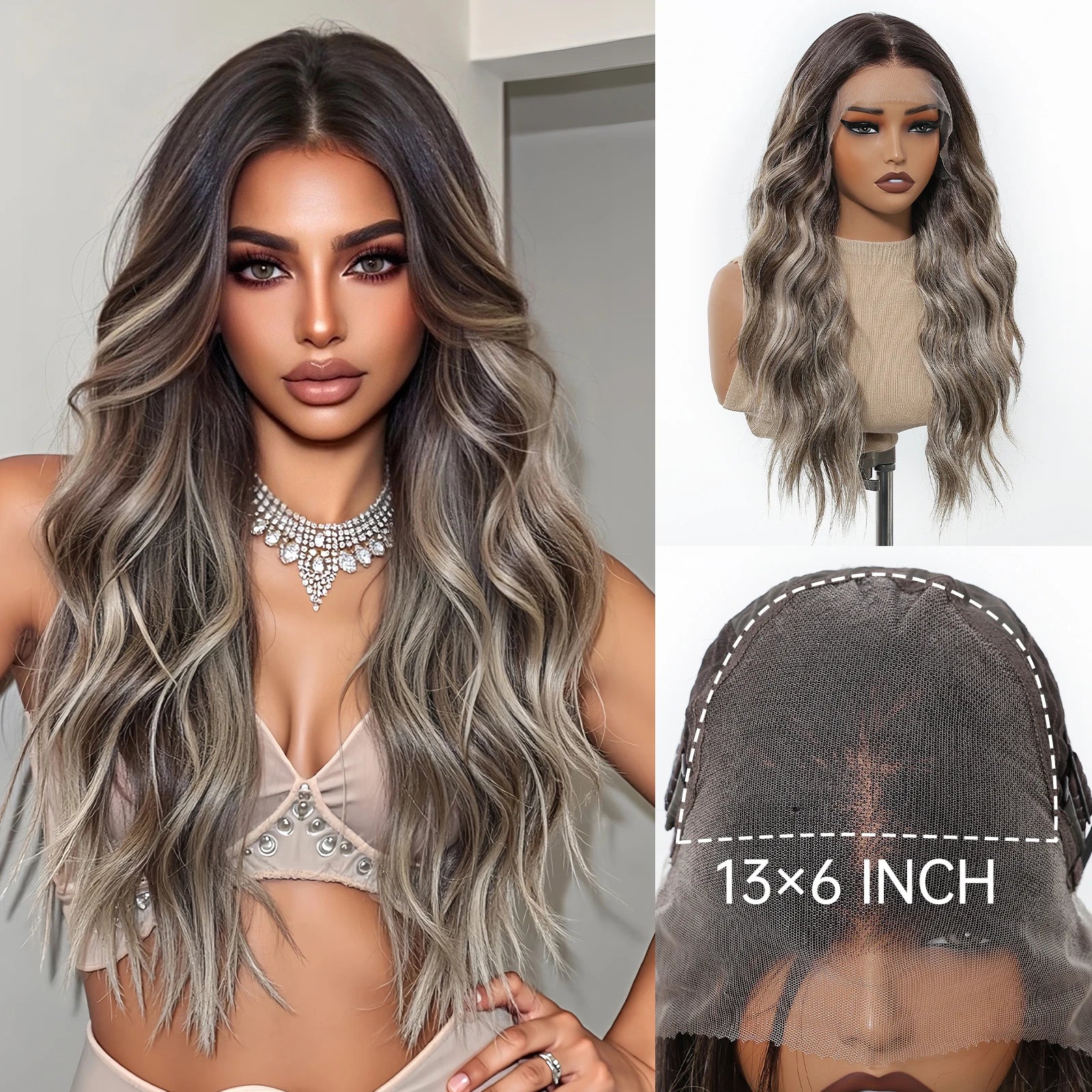 HENRY MARGU Brown Blonde Highlight Synthetic Wigs 13*6 Lace Front Long Wavy Fake Hair for Women Realistic Natural Wig Daily Use