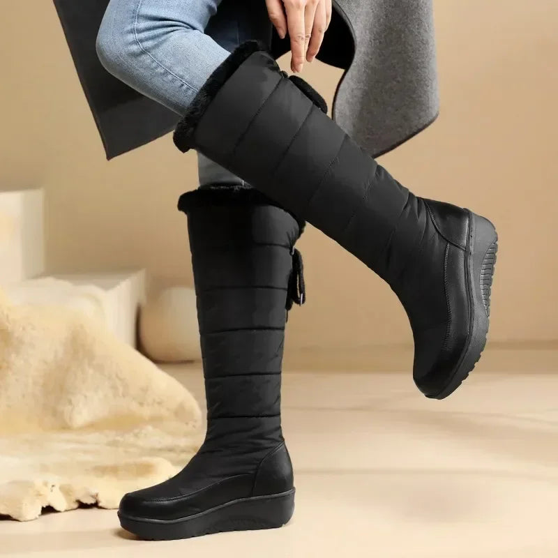 Waterproof Winter Shoes Woman Snow Boots 2026 Warm Fur Plush Casual Wedge Knee High Boots Girls Black White Rain Shoes Ladies