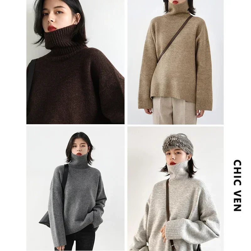 CHIC VEN Korean Women's Sweater Loose Turtleneck Sweaters Warm Solid Pullover Knitwear Basic Female Tops Autumn Winter 2026