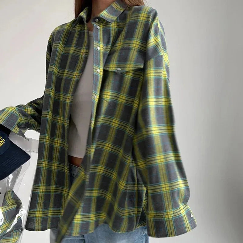 2026 Vintage Women Oversized Long Sleeve Plaid Shirt Button Down Blouse Tops Autumn Winter Loose Lapel Pocket Shirt Korean Style