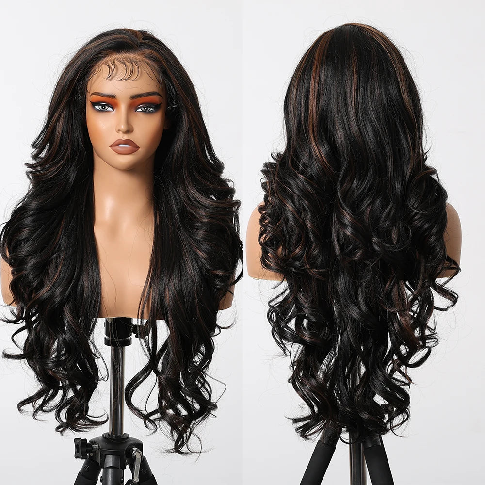 Gray White Highlight Synthetic Wigs 13*6 Transparent Swiss Lace Frontal Wigs Body Wave Long Curly Wigs for Women Elder Mommy Wig