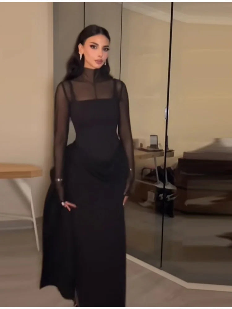 Women's Elegant Semi-high Neck Bodycon Maxi Dress Exquisite Mesh Insert Evening Party Gown 2026 Casual Contrast Sleeve Vistidos
